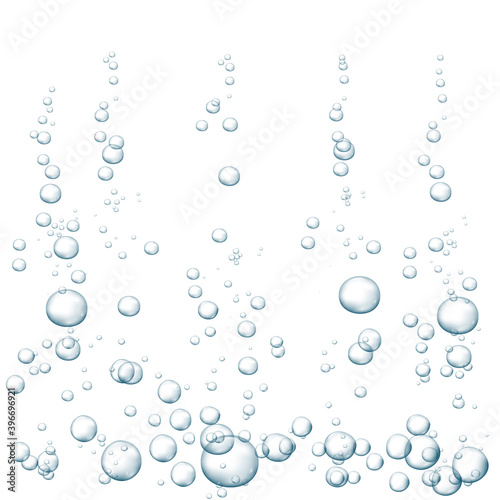 Blue fizzy bubbles. Sparkles underwater stream in water, sea, aquarium. Fizzy pop and effervescent drink. Abstract fresh soda bubbles. Vector illustration.