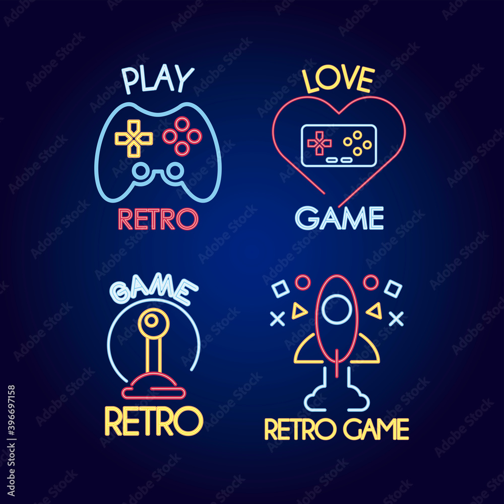 bundle of four video game neon style icons and letterings bundle of four video game neon style icons and letterings