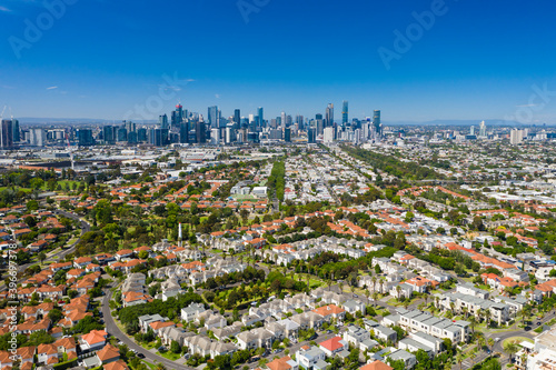 Aerial photo of Melbourne CBD and luxury homes