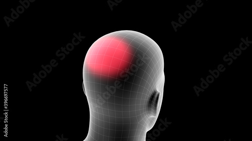 3d illustration of a men xray hologram showing pain area on the head area