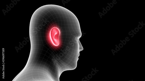 3d illustration of a men xray hologram showing pain area on the head area