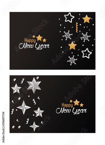 happy new year cards with silver stars and snowflakes
