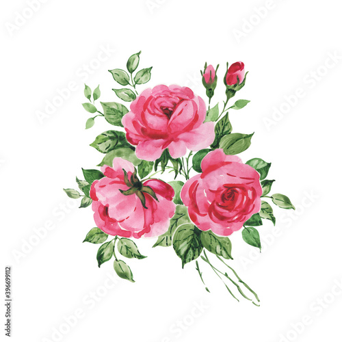  Abstract illustration of a beautiful bouquet of roses drawn by paints on paper with foliage