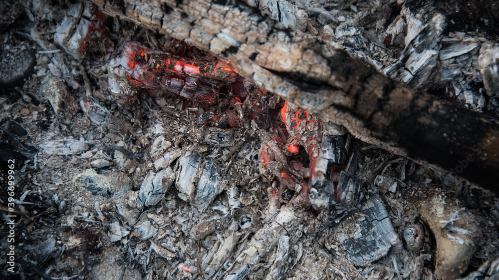 Embers in the fire. Dry, thin branches were added to the fire. Embers in the fire. Dry, thin branches were added to the fire.