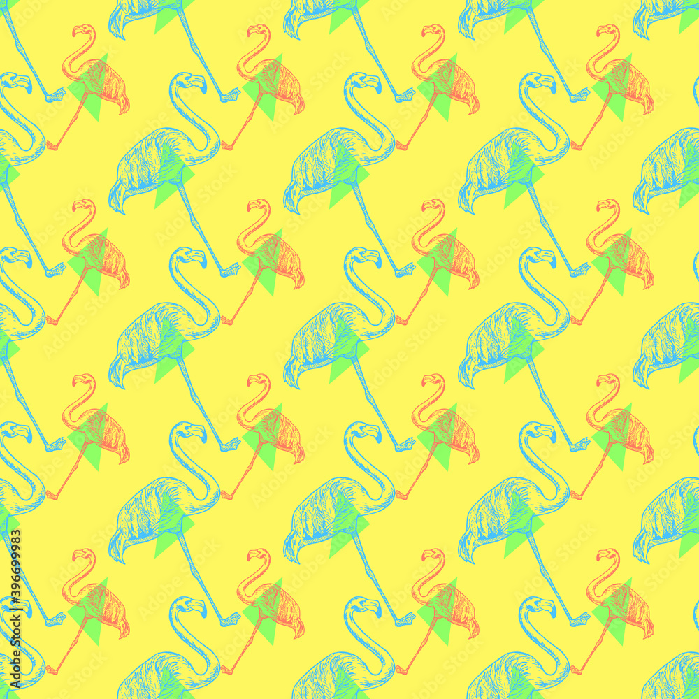Fototapeta premium Abstract seamless pattern with hand drawn flamingos, vector illustration