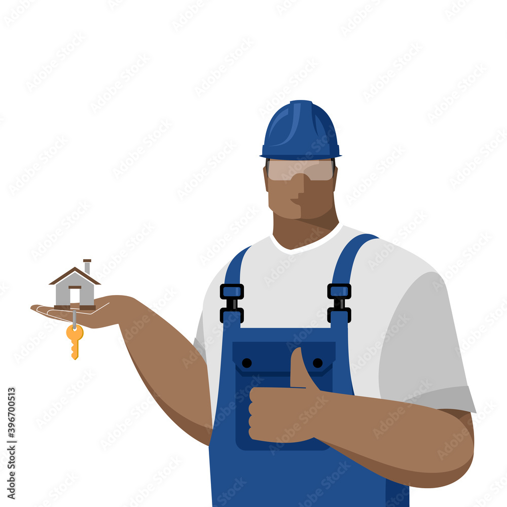 Builder in a hard hat and overalls holds a house with keys, a construction concept, purchases and sales of new housing, suburban real estate, construction and investment, real estate services. Vector Builder in a hard hat and overalls holds a house with keys, a construction concept, purchases and sales of new housing, suburban real estate, construction and investment, real estate services. Vector