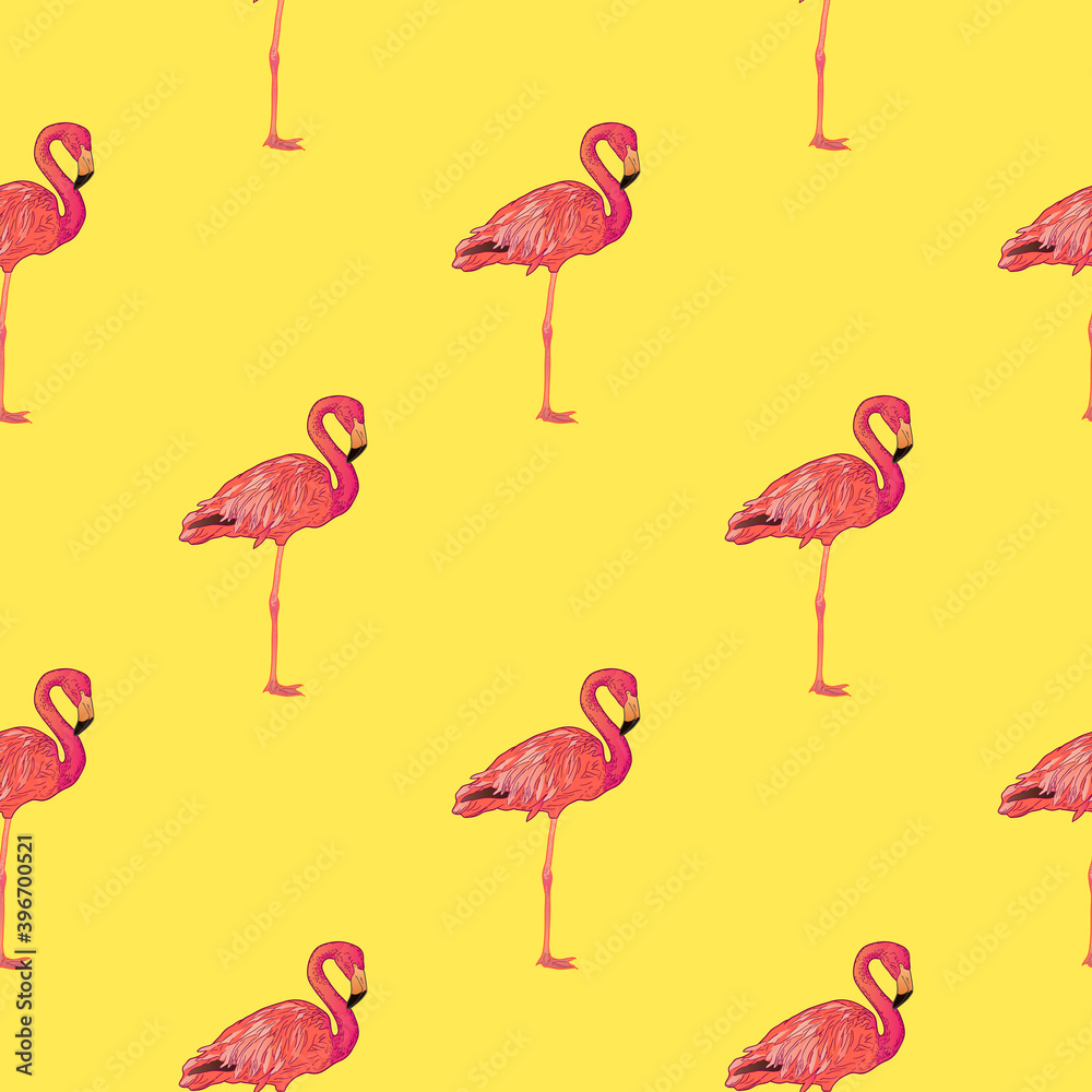 Obraz premium Seamless pattern with pink standing flamingos on yellow background, vector illustration