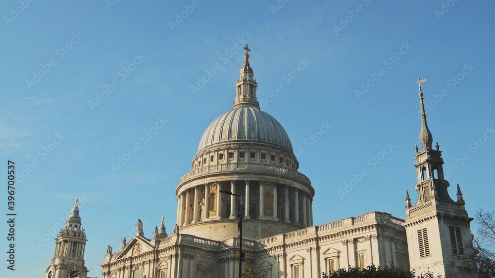 St Pauls Cathedral, a popular London tourist attraction and famous building on a bright blue sky day, shot in the Coronavirus Covid-19 pandemic Lockdown when it was quiet and empty in England, Europe St Pauls Cathedral, a popular London tourist attraction and famous building on a bright blue sky day, shot in the Coronavirus Covid-19 pandemic Lockdown when it was quiet and empty in England, Europe