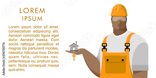 Builder in a hard hat and overalls holds a house with keys, a construction concept, purchases and sales of new housing, suburban real estate, construction and investment, real estate services. Vector