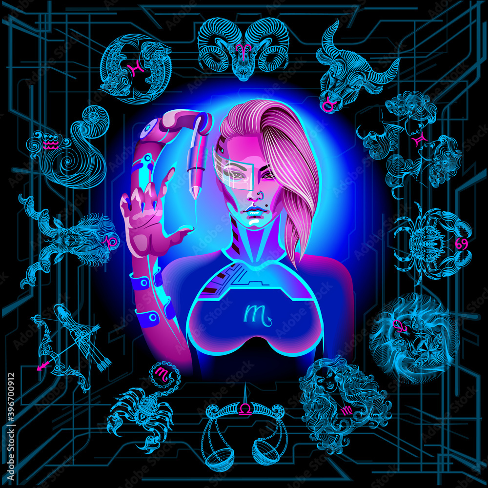 Zodiac circle of the girl of the future. Zodiac signScorpio. Neon