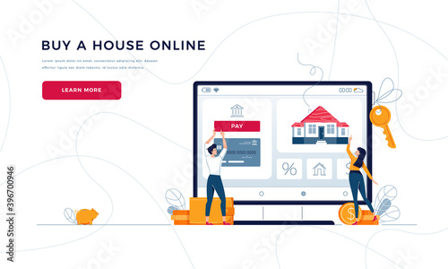 Buy a house online landing page template. Couple buying a new home, touching the button on monitor screen. Home-buying, property digital purchase concept for website. Flat cartoon vector illustration