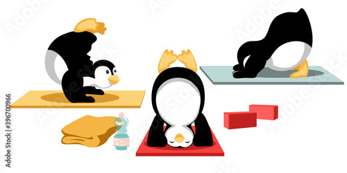 Tableau sur toile Three penguins are doing inversion balancing yoga