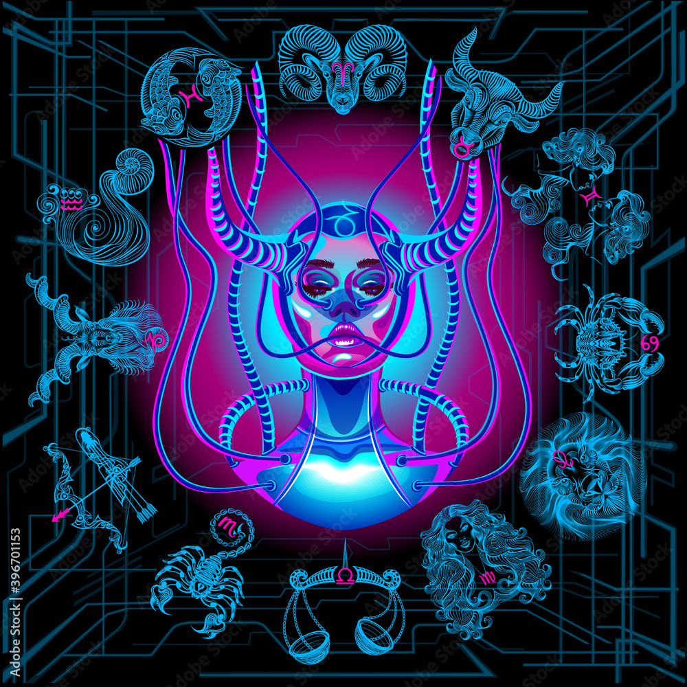 Zodiac circle of the girl of the future. Zodiac sign Capricorn. Neon