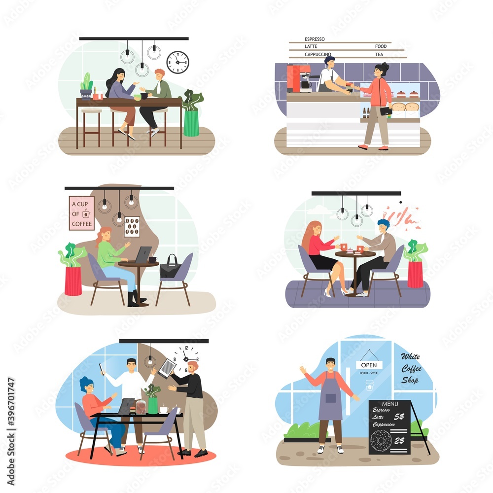 Coffee shop scene set, flat vector isolated illustration.