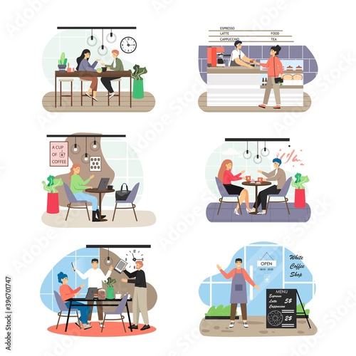 Coffee shop scene set, flat vector isolated illustration.