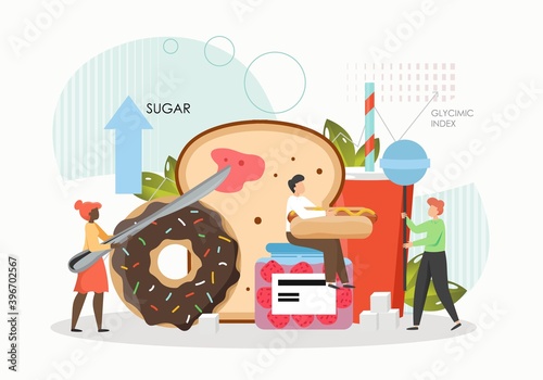 People eating sugar, bread, donut, lollypop, hot dog, flat vector illustration. Unhealthy high level of carbs foods.