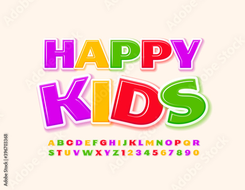 Vector bright emblem Happy Kids. Modern colorful Font. Creative Alphabet Letters and Numbers set