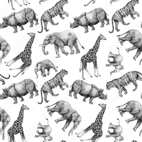 Fototapeta Naklejka Na Ścianę i Meble -  Beautiful stock seamless pattern with cute hand drawn safari giraffe elephant tiger monkey rhinoanimal pencil illustrations.
