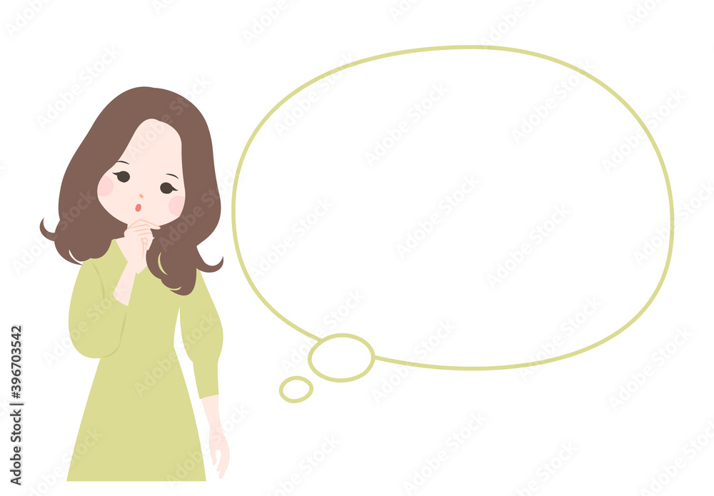 首を傾げて考えるポーズの若い女性とフキダシ【主線なし】