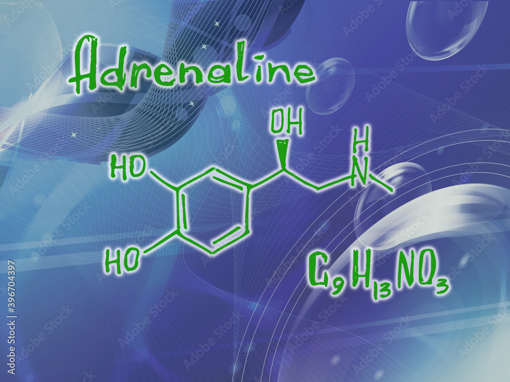 Fototapeta premium Chemical molecular formula of the hormone Adrenaline t . Infographics. Abstract bright glitter blue background.