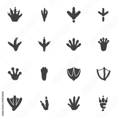 Bird and Animal paw print vector icons set, modern solid symbol collection, filled style pictogram pack. Signs, logo illustration. Set includes icons as crocodile paw print, crow, chicken, turkey