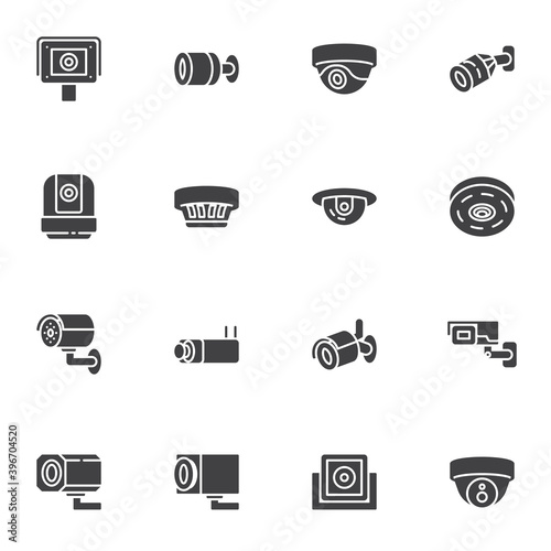 Security camera vector icons set, modern solid symbol collection, filled style pictogram pack. Signs, logo illustration. Set includes icons as CCtv camera, dome surveillance, webcam