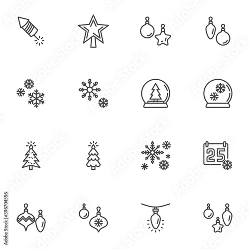 Christmas and New Year line icons set, outline vector symbol collection, linear style pictogram pack. Signs, logo illustration. Set includes icons as christmas tree decoration, xmas bauble, calendar