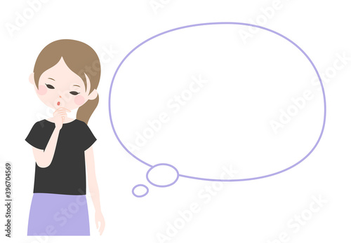 首を傾げて考えるポーズの若い女性とフキダシ【主線なし】