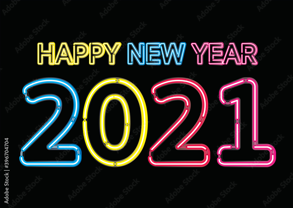Neon light effect, Happy new year 2021, neon pink for invitation card, backdrop, label or stationary Neon light effect, Happy new year 2021, neon pink for invitation card, backdrop, label or stationary