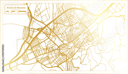 Alcala de Henares Spain City Map in Retro Style in Golden Color. Outline Map.