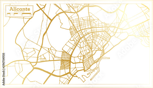 Alicante Spain City Map in Retro Style in Golden Color. Outline Map.