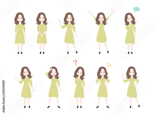 全身で10種類のポーズをとる若い女性のセット【主線なし】