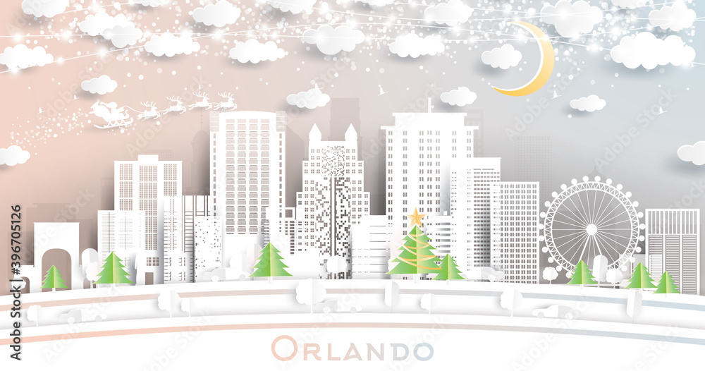 Orlando Florida USA City Skyline in Paper Cut Style with Snowflakes, Moon and Neon Garland.