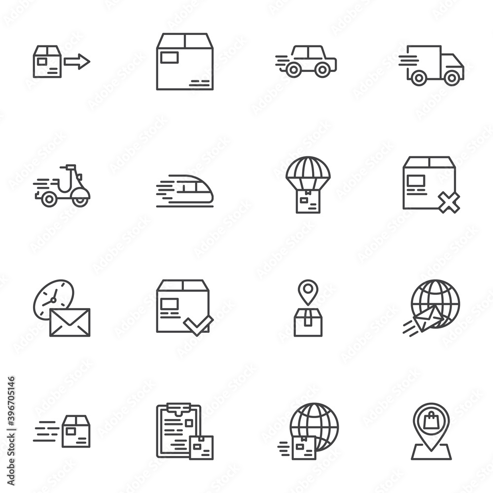 Express delivery service line icons set, outline vector symbol collection, linear style pictogram pack. Signs, logo illustration. Set includes icons as cardboard parcel box, delivery truck, post mail Express delivery service line icons set, outline vector symbol collection, linear style pictogram pack. Signs, logo illustration. Set includes icons as cardboard parcel box, delivery truck, post mail