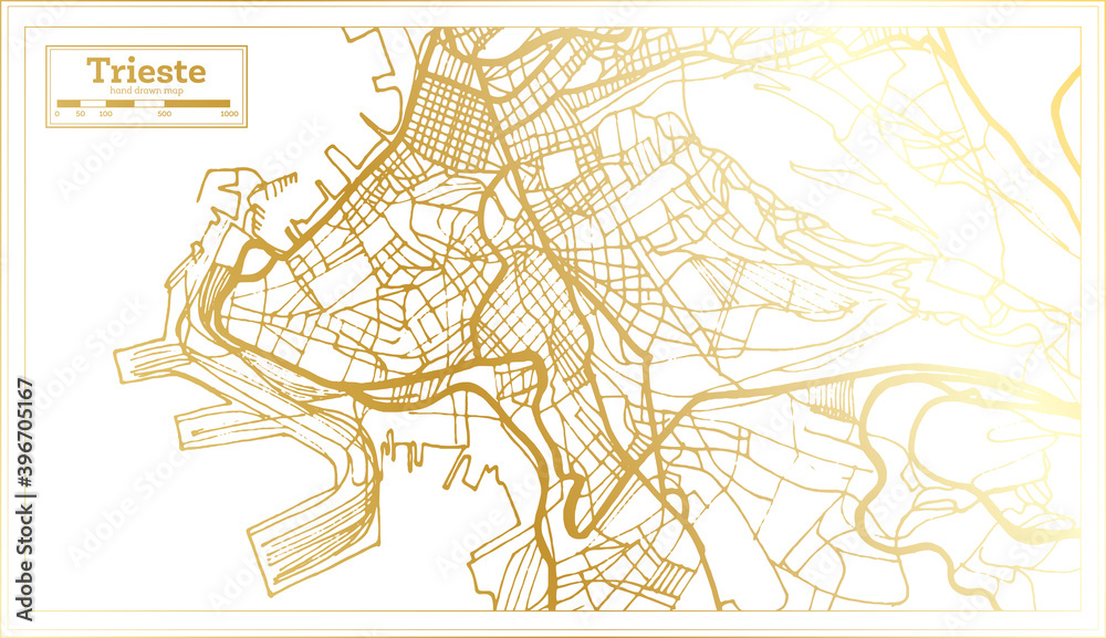 Trieste Italy City Map in Retro Style in Golden Color. Outline Map.