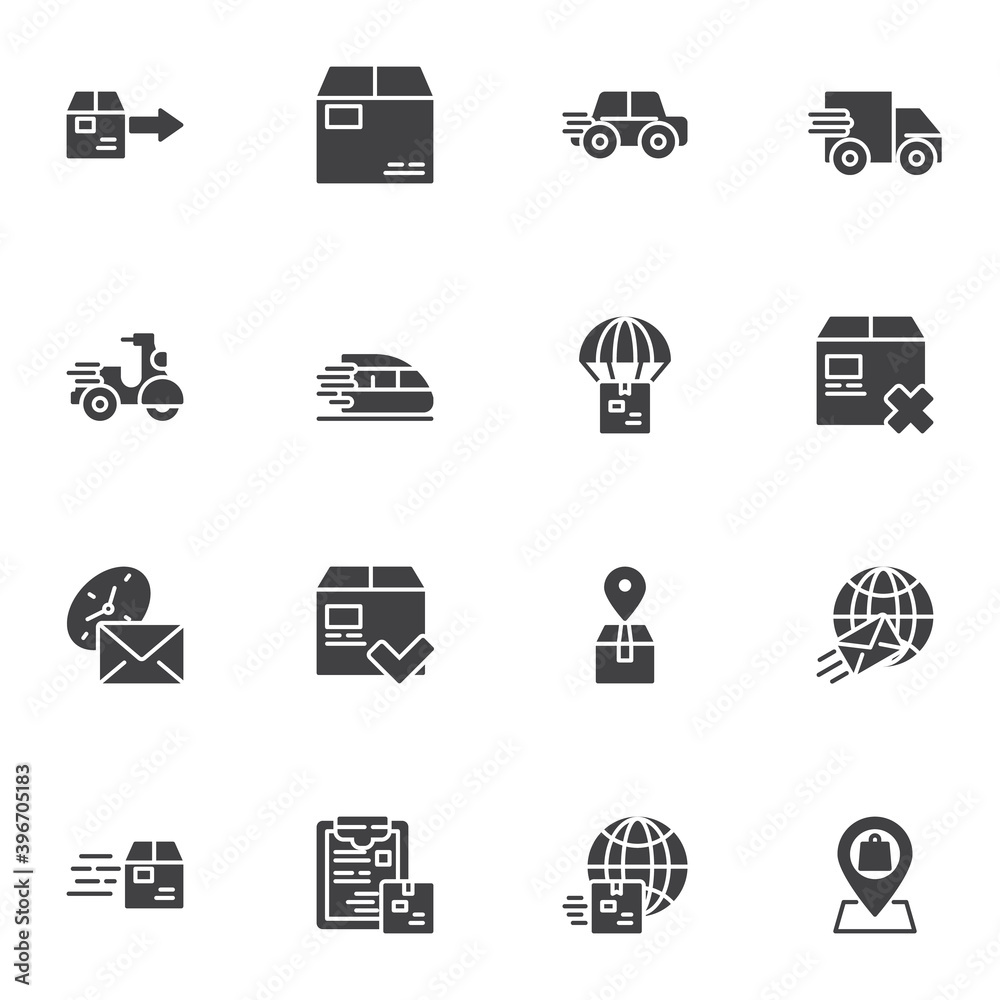 Express delivery service vector icons set, modern solid symbol collection, filled style pictogram pack. Signs, logo illustration. Set includes icons as cardboard parcel box, delivery truck, post mail