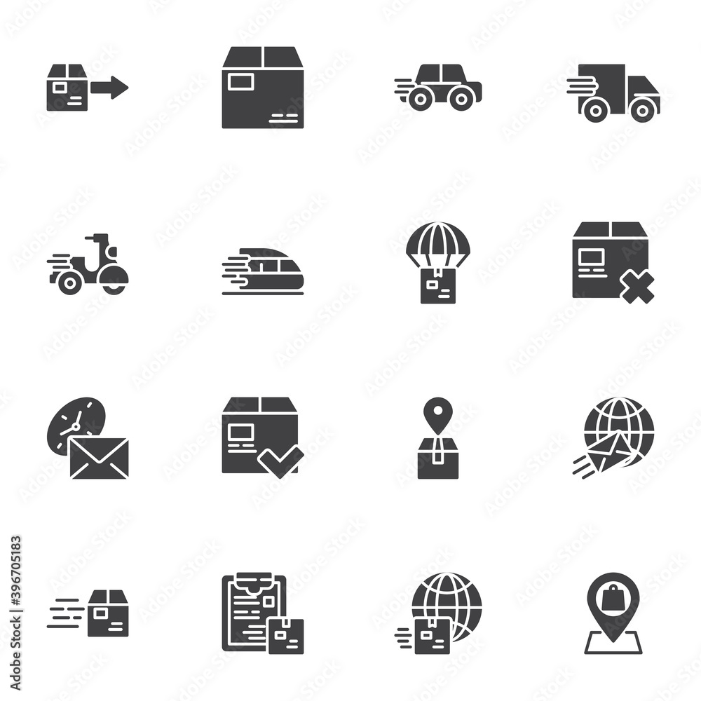 Express delivery service vector icons set, modern solid symbol collection, filled style pictogram pack. Signs, logo illustration. Set includes icons as cardboard parcel box, delivery truck, post mail Express delivery service vector icons set, modern solid symbol collection, filled style pictogram pack. Signs, logo illustration. Set includes icons as cardboard parcel box, delivery truck, post mail