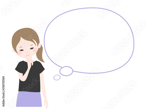 顎に人差し指を当てて微笑みながら考えている若い女性と吹き出し【主線なし】