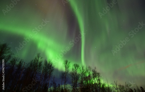The aurora borealis brightens a dark Alaska winter night
