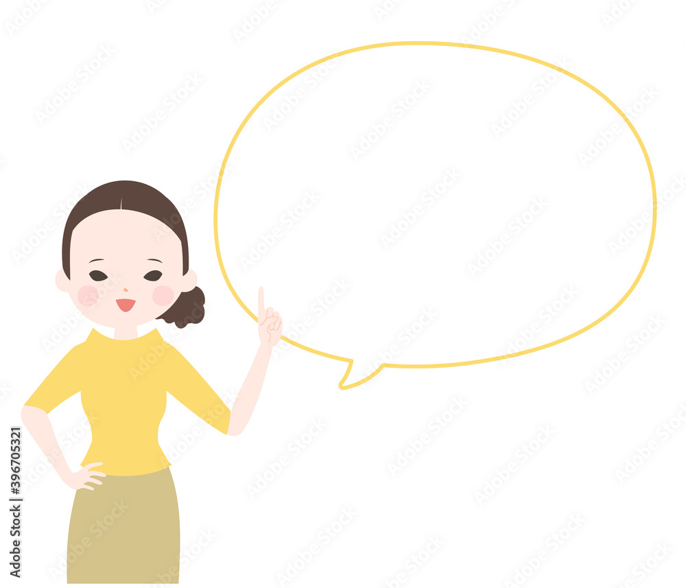 人差し指を立てて説明をする若い女性とフキダシ【主線なし】