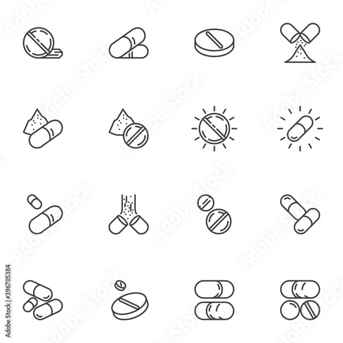 Medical drugs line icons set, outline vector symbol collection, linear style pictogram pack. Signs, logo illustration. Set includes icons as medicine tablet, painkiller pill