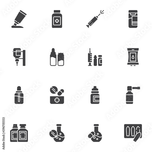 Medical treatment vector icons set, modern solid symbol collection, filled style pictogram pack. Signs, logo illustration. Set includes icons as medicine drugs, vaccine syringe, blood transfusion bag