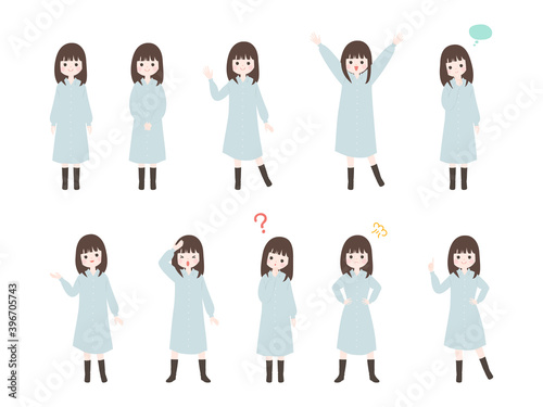 全身で10種類のポーズをとる若い女性のセット【主線なし】