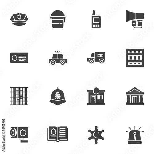 Police related vector icons set, modern solid symbol collection, filled style pictogram pack. Signs, logo illustration. Set includes icons as police department station, policeman hat, officer badge