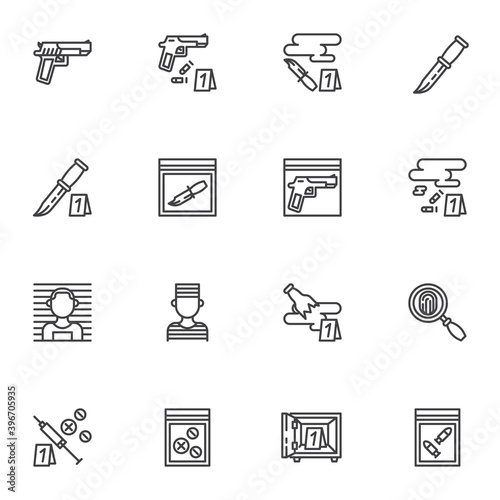 Criminal evidence line icons set, outline vector symbol collection, linear style pictogram pack. Signs, logo illustration. Set includes icons as pistol gun, knife with blood, fingerprint, prisoner
