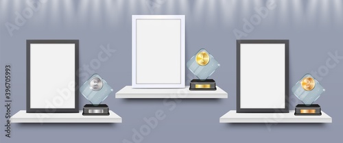 Blank frame and acrylic glass trophy award on shelf mockup set, vector isolated illustration. Certificate, diploma frame and first, second, third place prize plaque templates.