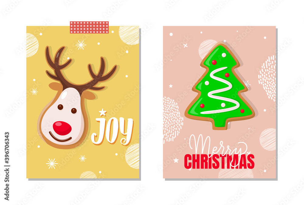 Fototapeta premium Jo and Merry Christmas celebration posters set vector. Reindeer with horns, pine tree cookie, sweet snacks in form of deer animal and winter spruce fir