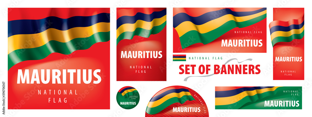 Vector set of banners with the national flag of the Mauritius