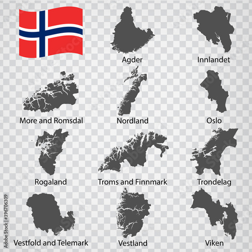 Eleven Maps Regions of Norway- alphabetical order with name. Every single map of  County are listed and isolated with wordings and titles. Norway. EPS 10.s photo