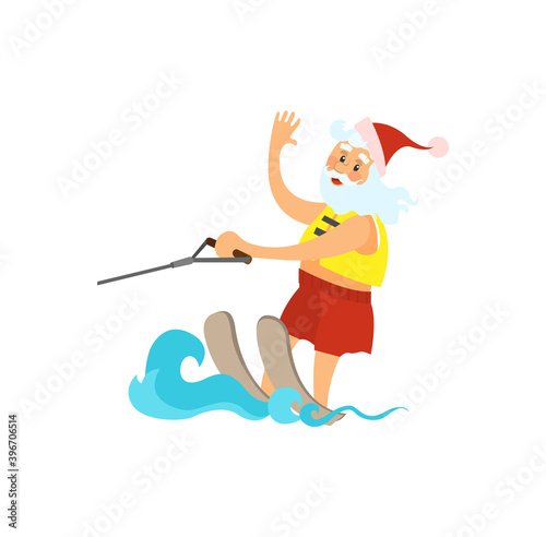 Santa Claus riding on water skies in red hat, New year character on summer holidays vector isolated. Water splashes and elderly man active way of life